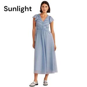 Boden Women Tulle Light Blue Flutter Sleeve Midi Dress Mesh Fabric Women US 8P